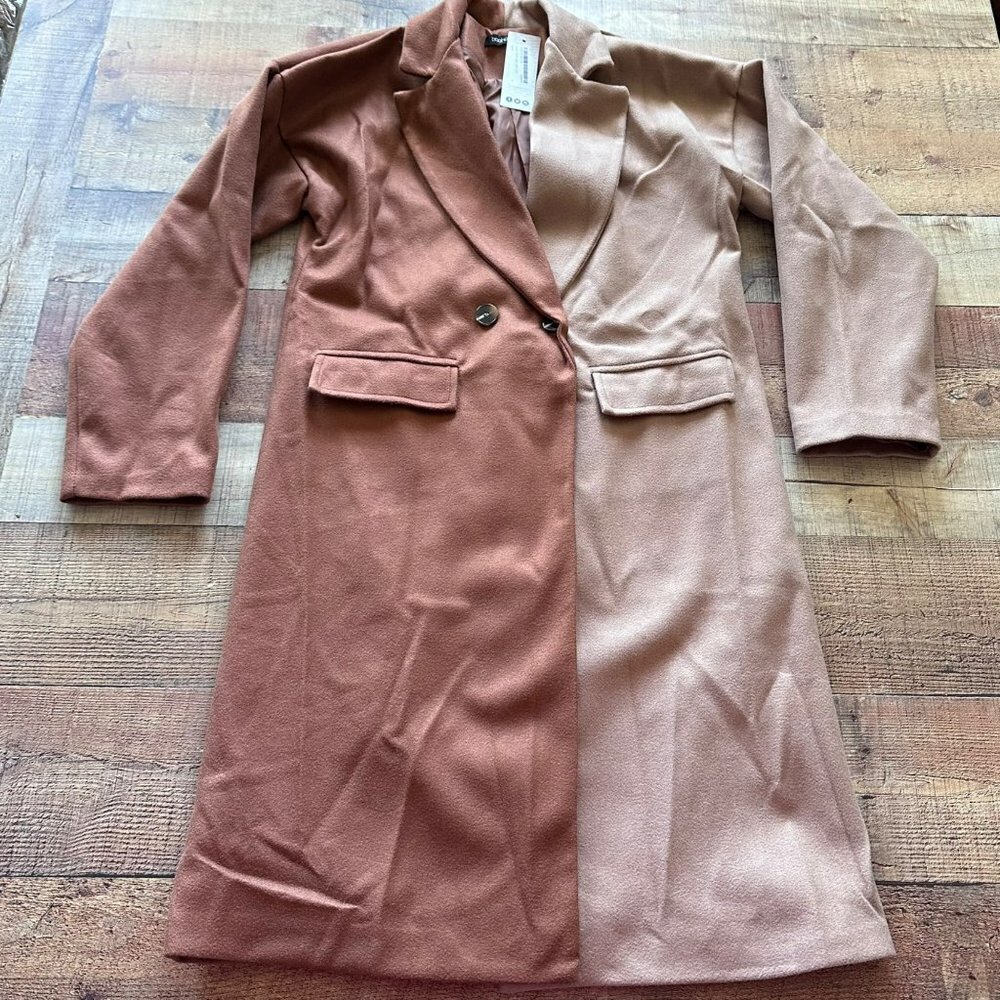 Boohoo brown and tan long coat wool look faux women's 4